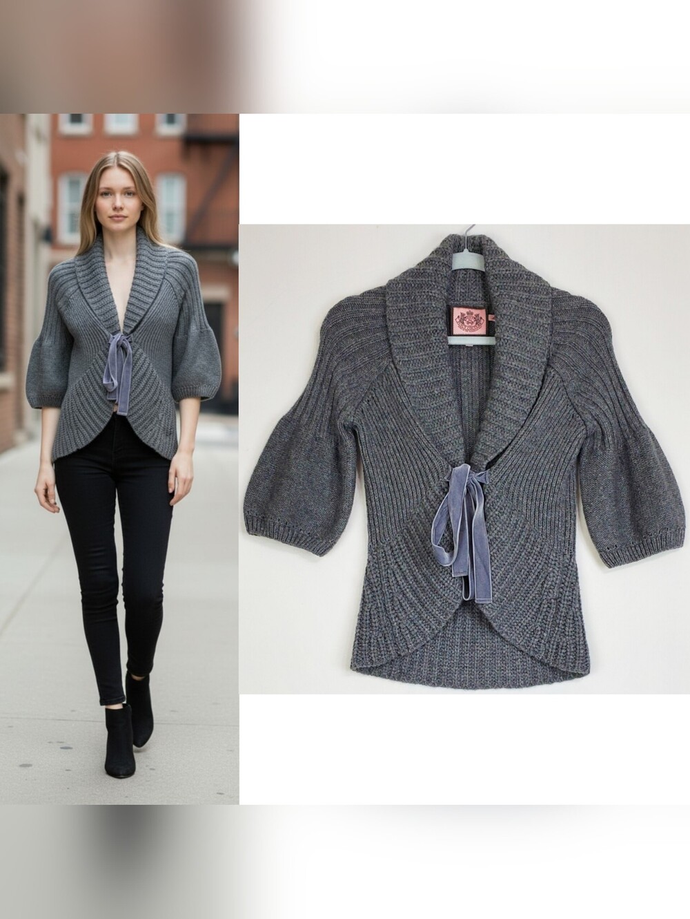 Juicy Couture S/M wool alpaca knit shawl cardigan sweater gray balloon sleeves